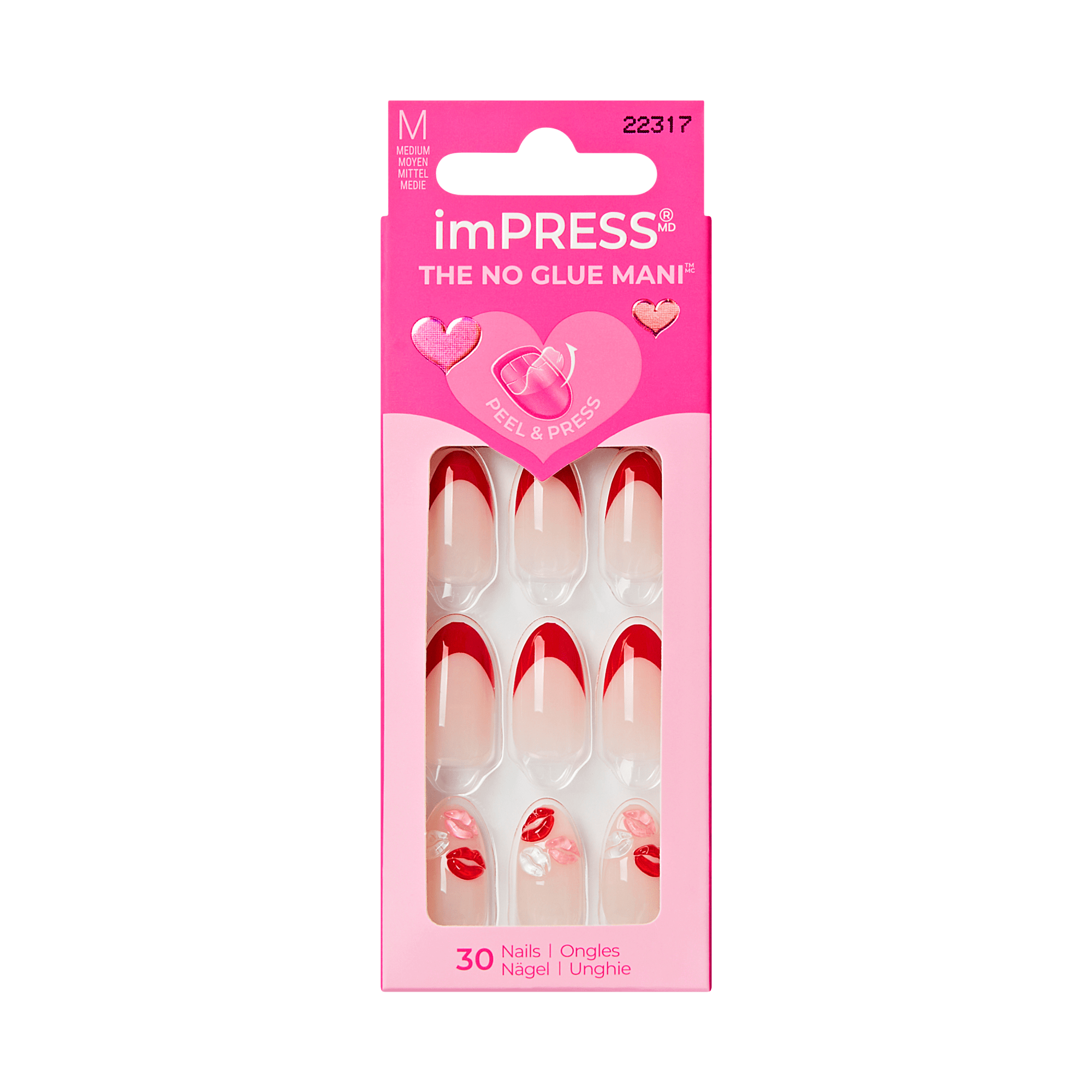 imPRESS press-on nails, Medium size, red and nude design with lip details