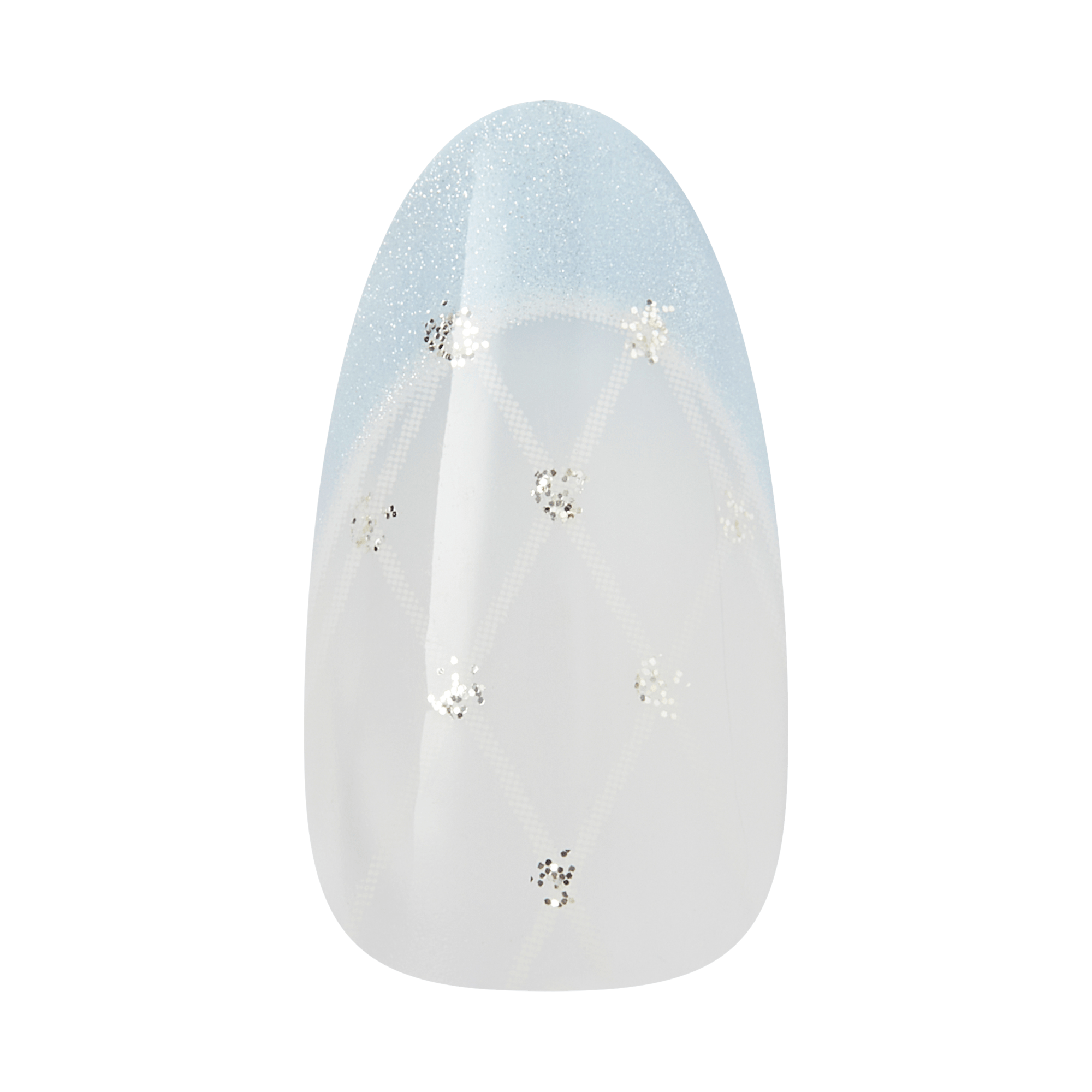 Almond-shaped nail polish design with white base and silver glitter accents.