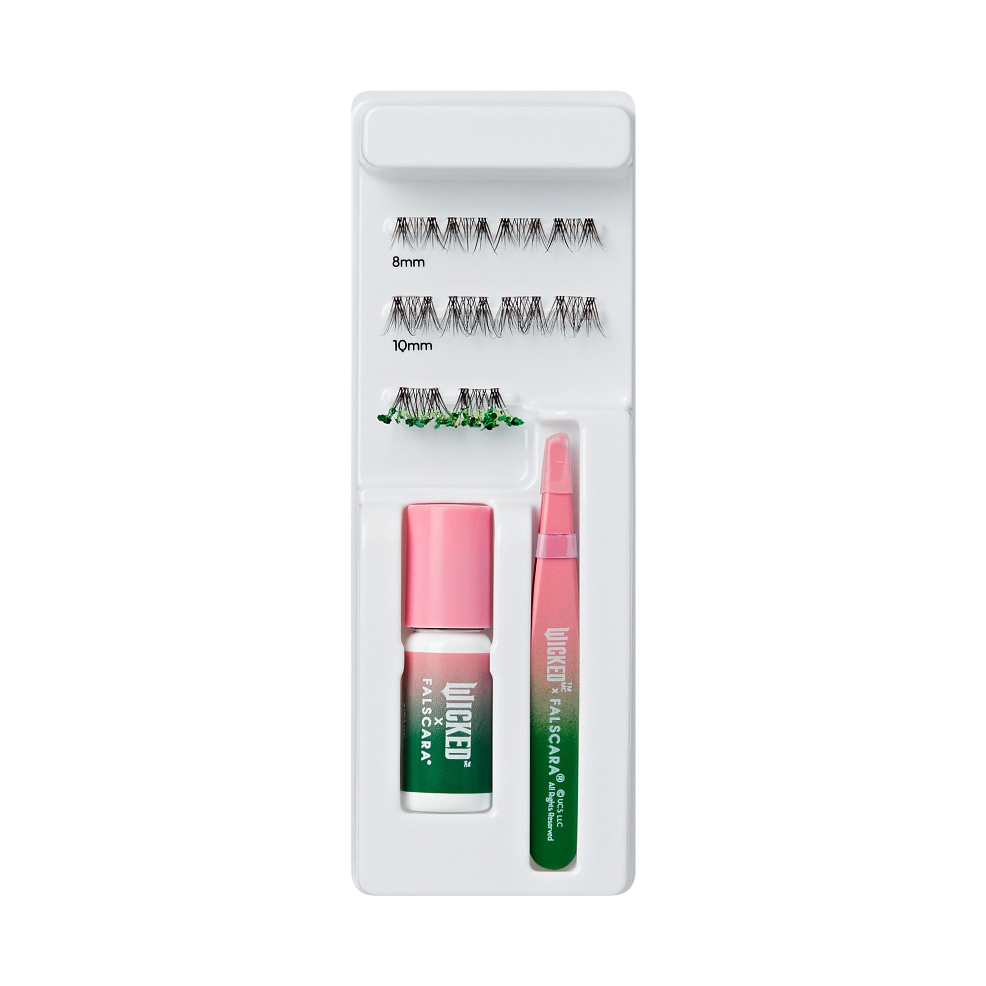 Lash extension kit with 8mm and 10mm lashes, adhesive, and applicator pen in pink and green packaging.