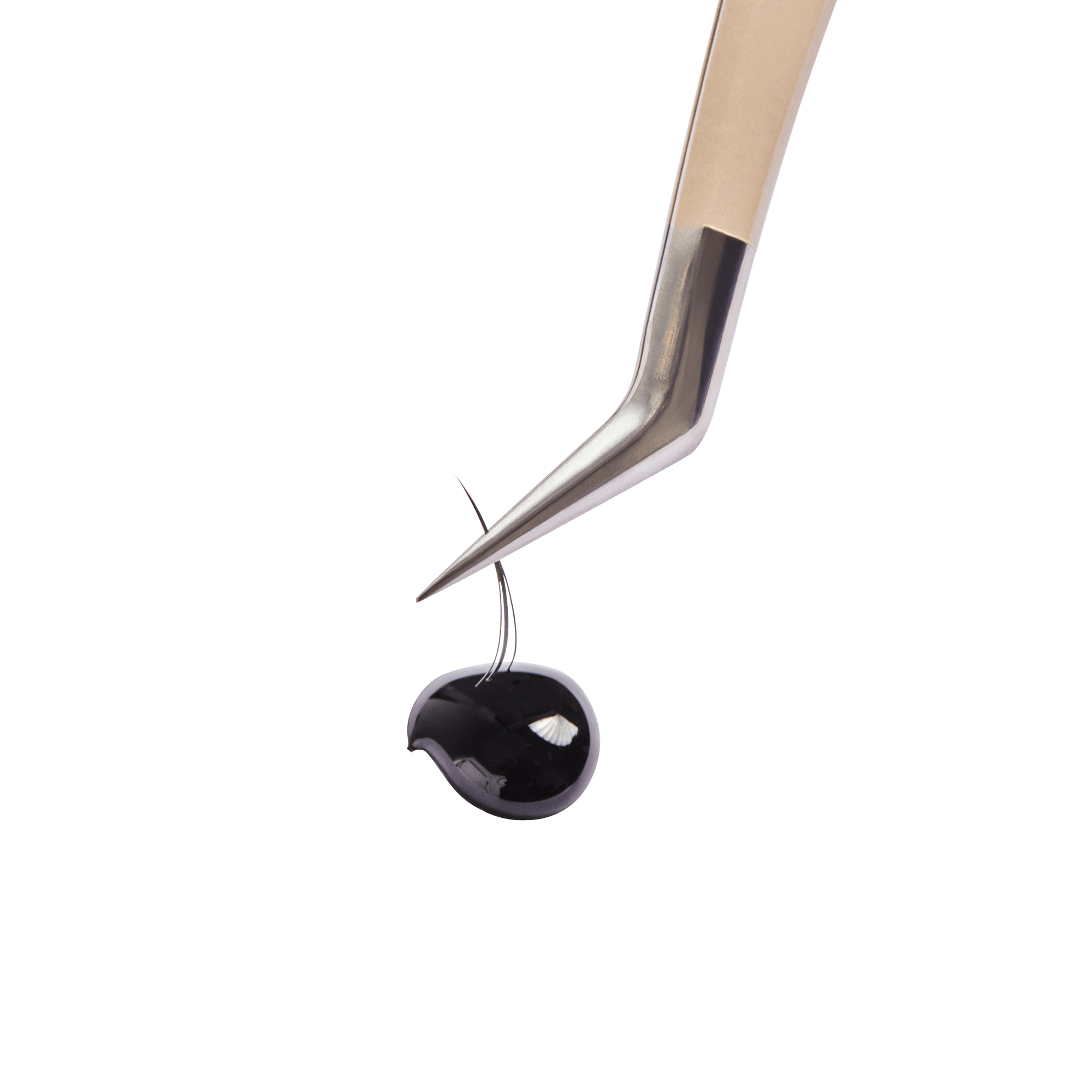 Tweezers holding a black pearl with white highlight against white background.