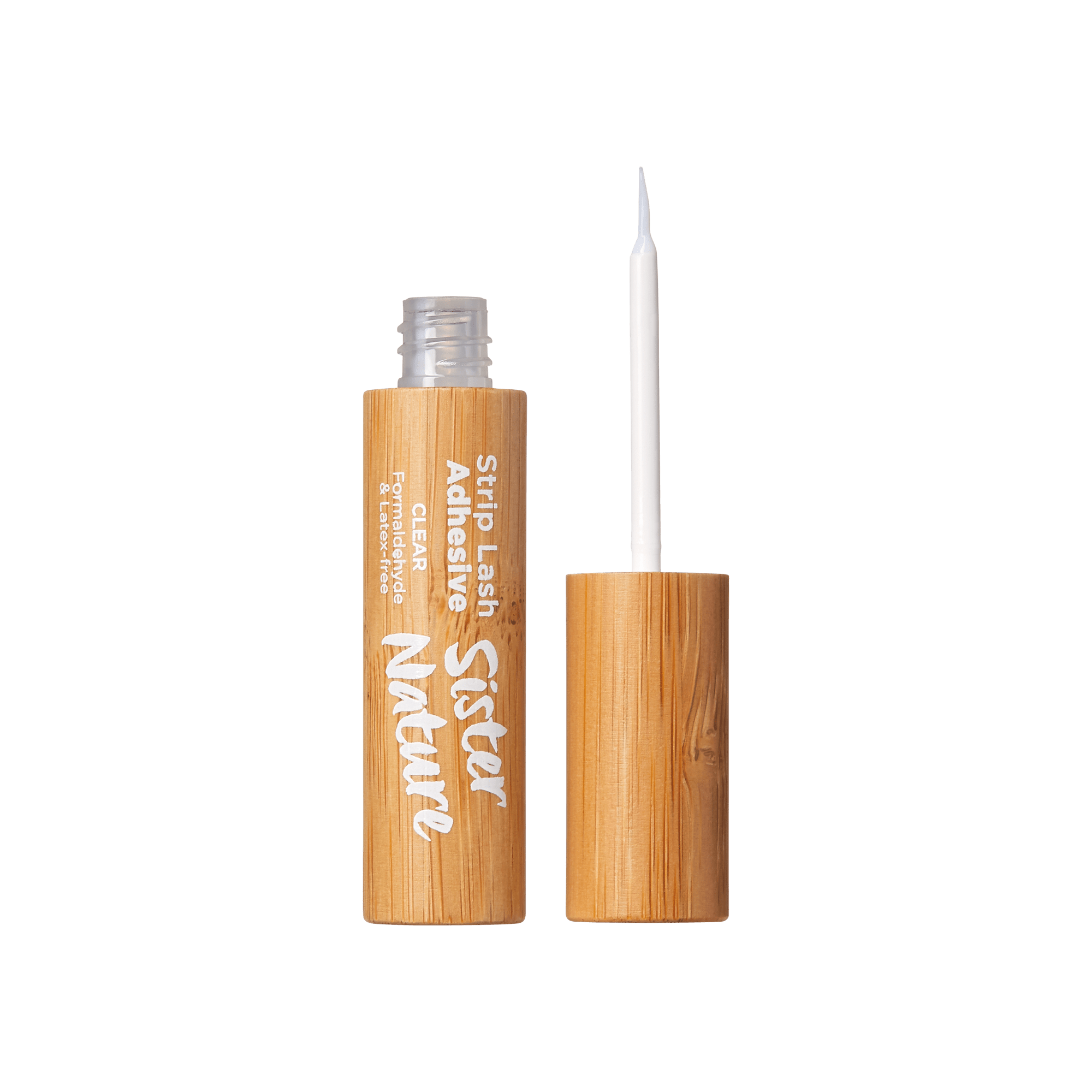 KISS Sister Nature Strip Lash Adhesive in a bamboo-textured tube with white text, shown with the cap removed and applicator brush visible.