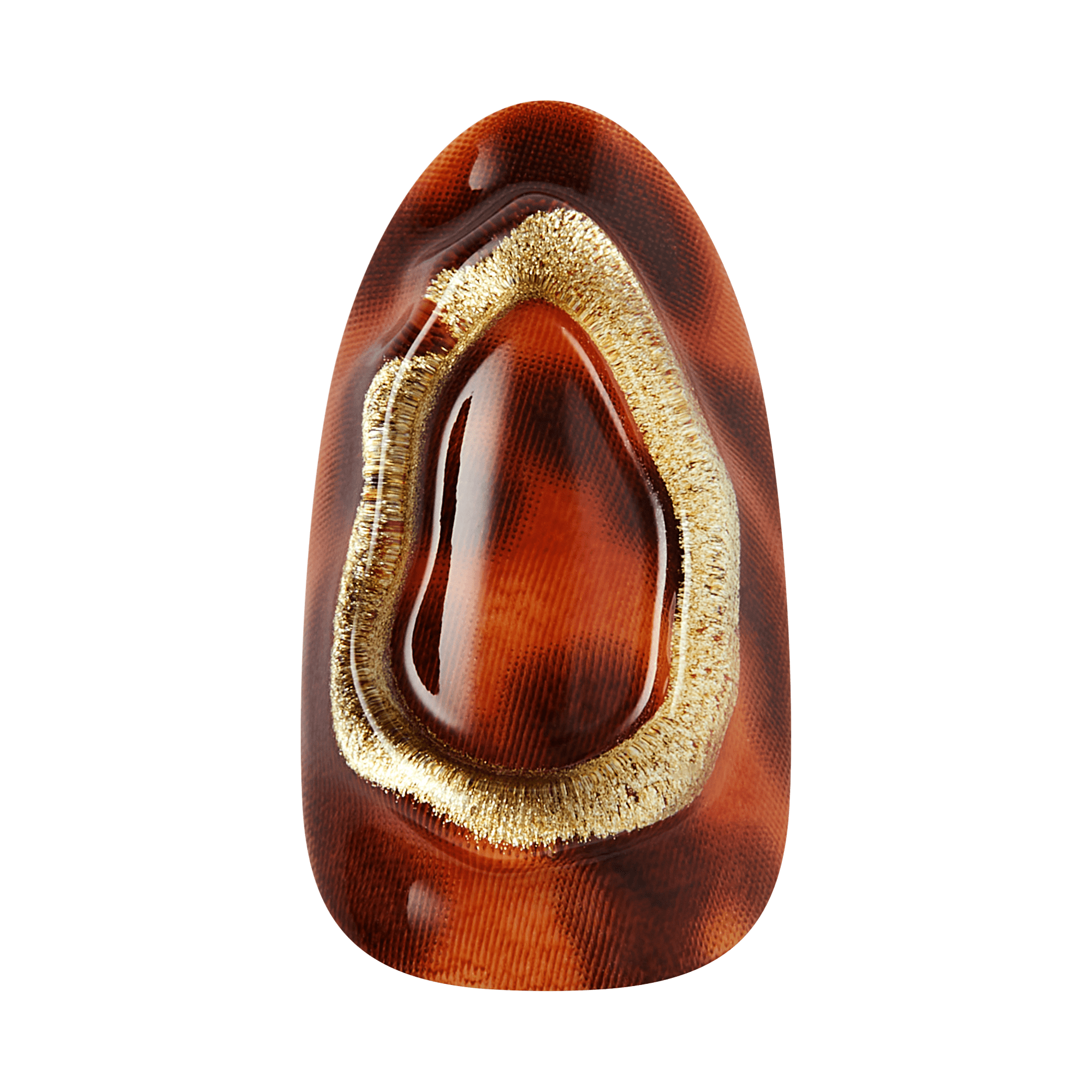 Luxury chocolate Easter egg with dark chocolate shell and golden foil wrapping, cross-section view.