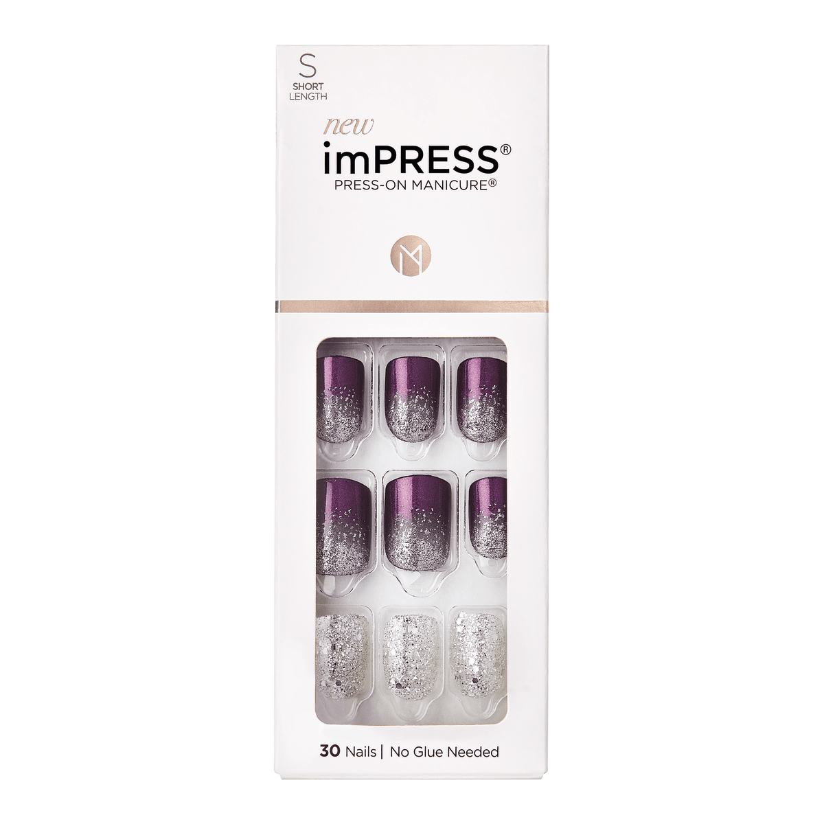 White rectangular packaging for imPRESS press-on manicure in short length, featuring 30 nails with purple and silver glitter designs, no glue needed.