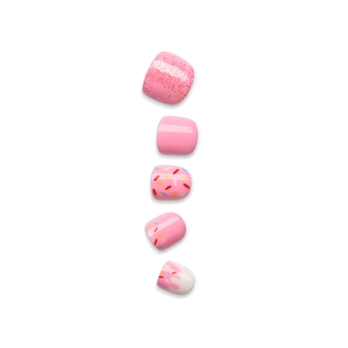 Set of five mini press-on nails in varying pink designs: glitter pink, solid pink, pink with colorful sprinkles, another pink with sprinkles, and white with pink drip pattern.