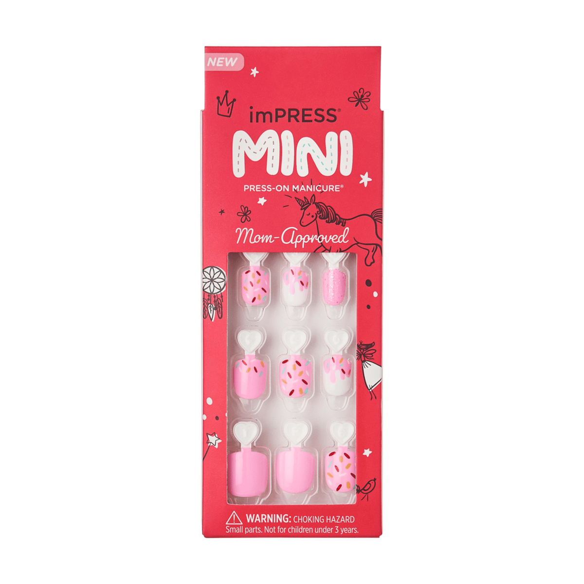 Red rectangular package of imPRESS Mini press-on manicure with nine pink-themed mini press-on nails featuring sprinkles and glitter designs, labeled \