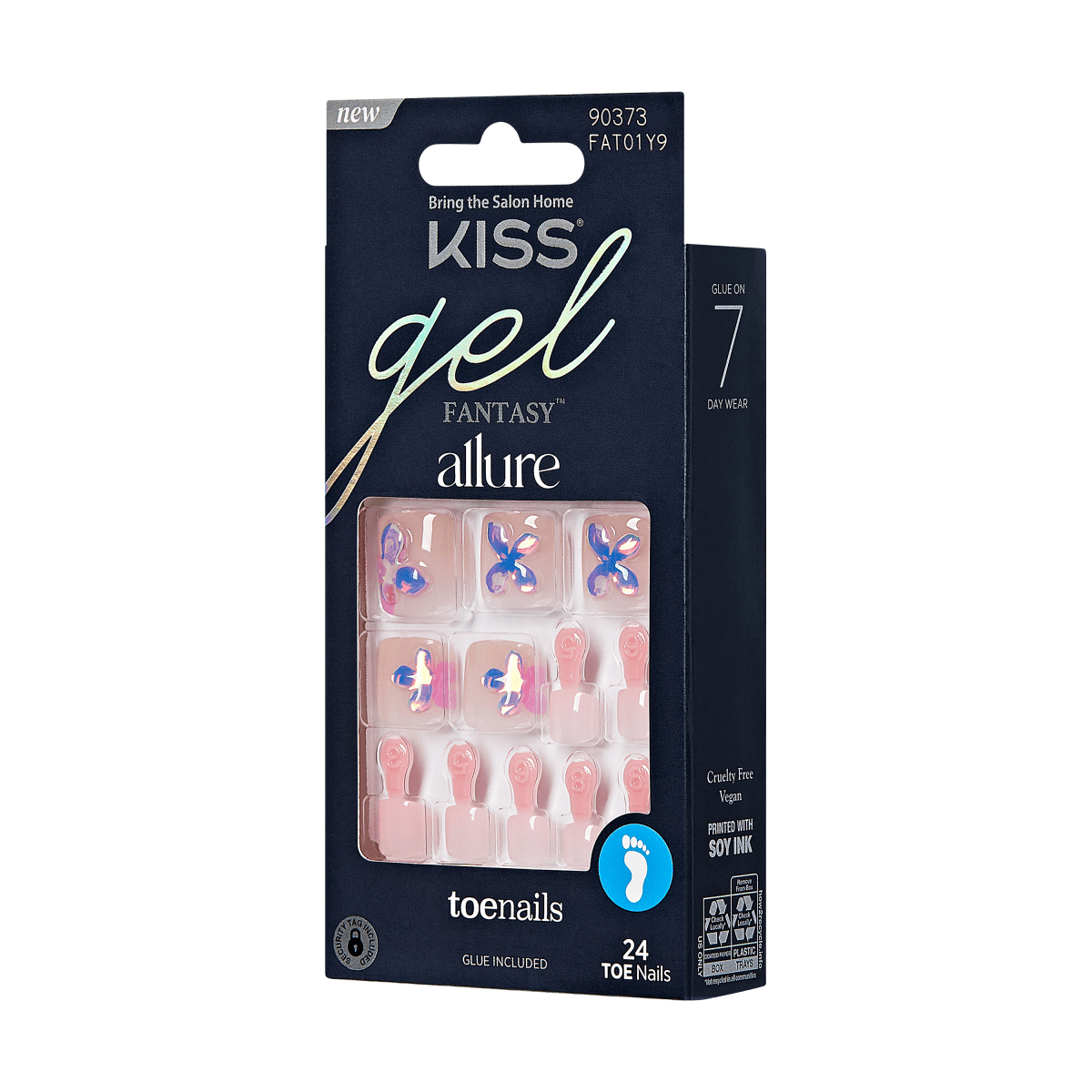KISS Gel Fantasy Allure toenails in blush pink with iridescent butterfly designs, packaged in a navy box with 24 nails and glue included.