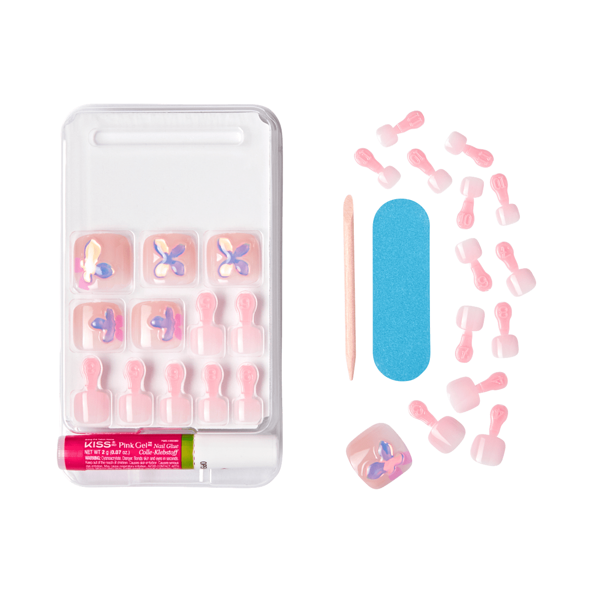 Blushing pink gel toenails with iridescent blue floral designs, packaged in a clear tray with pink gel nail glue, blue nail file, wooden stick, and pink nail clips.
