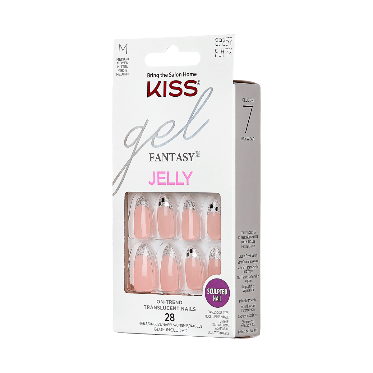 KISS Gel Fantasy Jelly Nails in medium size with translucent pink nails featuring silver glitter tips and black confetti accents, includes 28 sculpted nails and glue.