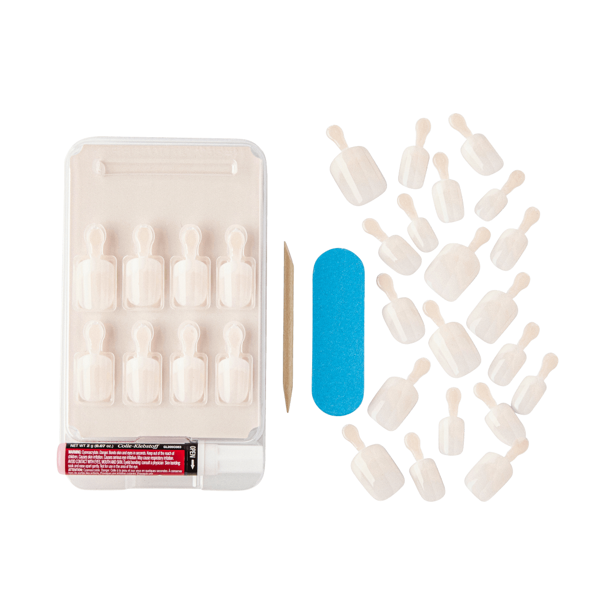 Clear display of 20 nude press-on acrylic French nails in various sizes, with glue tube, blue nail file, and wooden cuticle stick on white background.