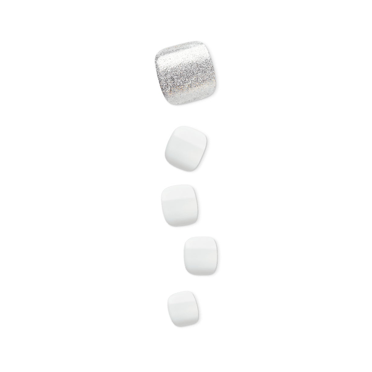 Five press-on pedicure nails arranged vertically, four in solid white and the largest one at the top in white with silver glitter.
