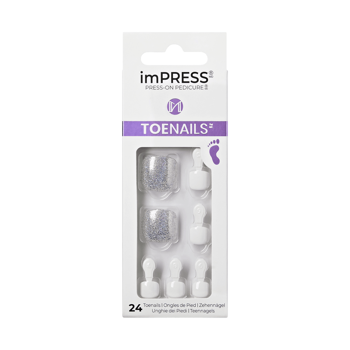 Packaging of imPRESS Press-On Pedicure toenails in White Sky design, showing 24 nails with a mix of solid white and silver glitter styles.