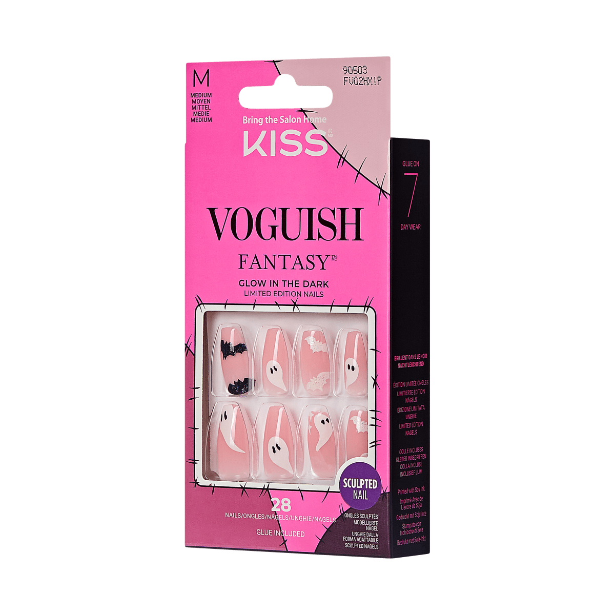 Bright pink and purple packaging for KISS Voguish Fantasy glow-in-the-dark Halloween nails, medium size, shows 8 sculpted false nails with ghost, bat, and moon designs.