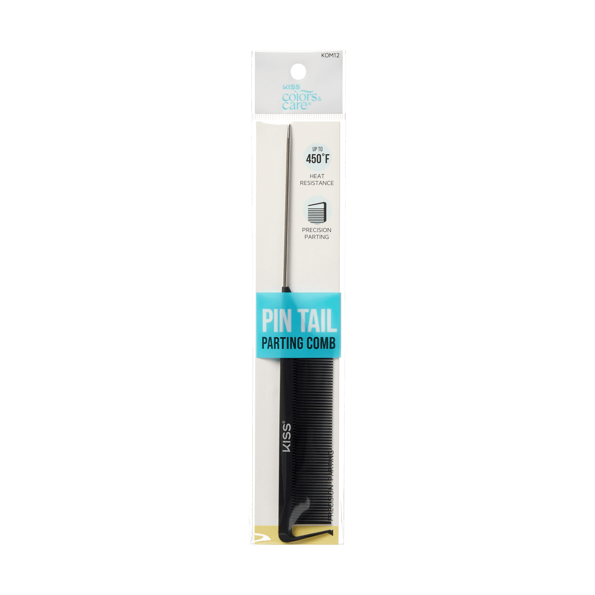 Black professional pin tail parting comb with metal tail, packaged in white backing card with blue label reading \