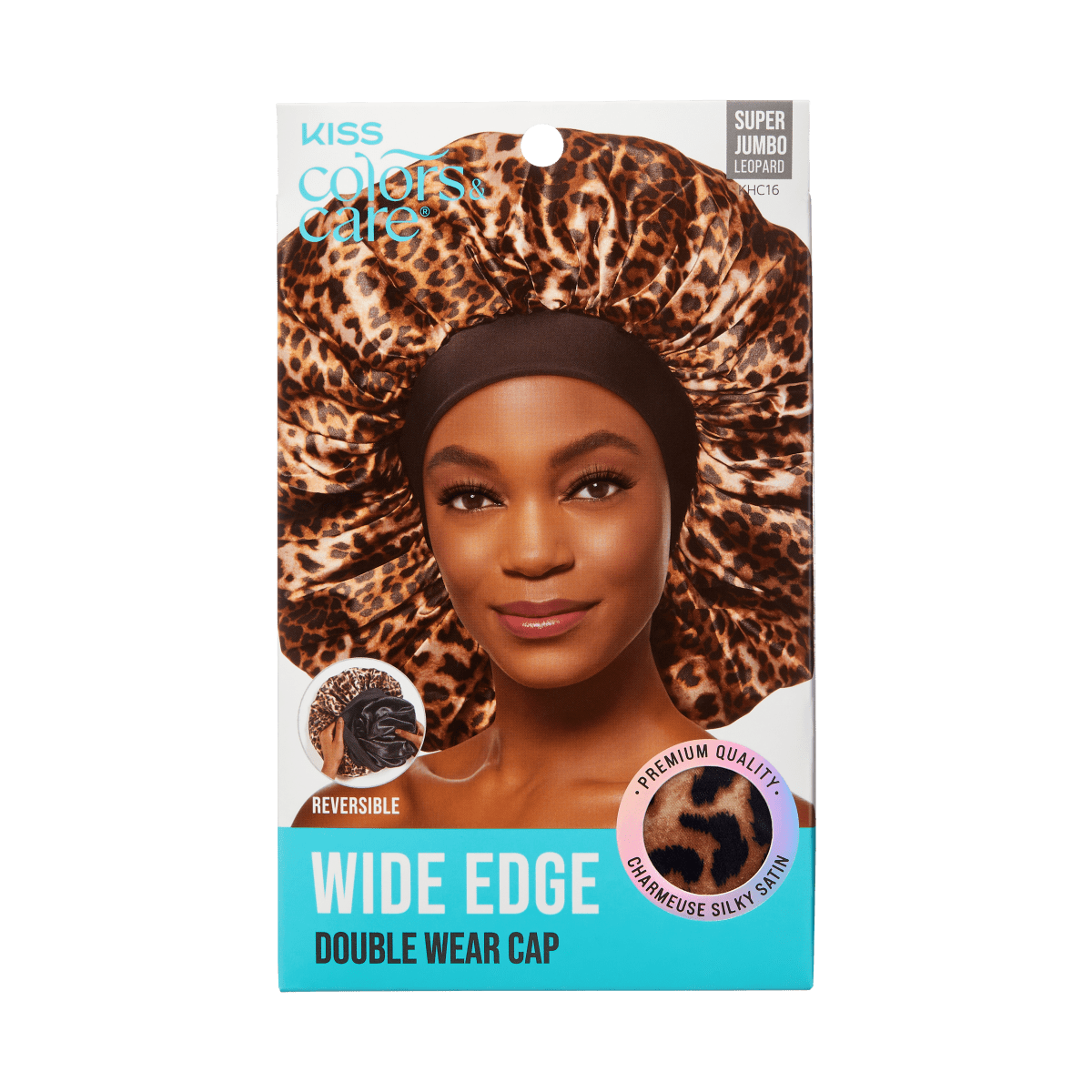 Packaging showing a smiling woman wearing a leopard-print silky satin cap with a black wide edge band, labeled \