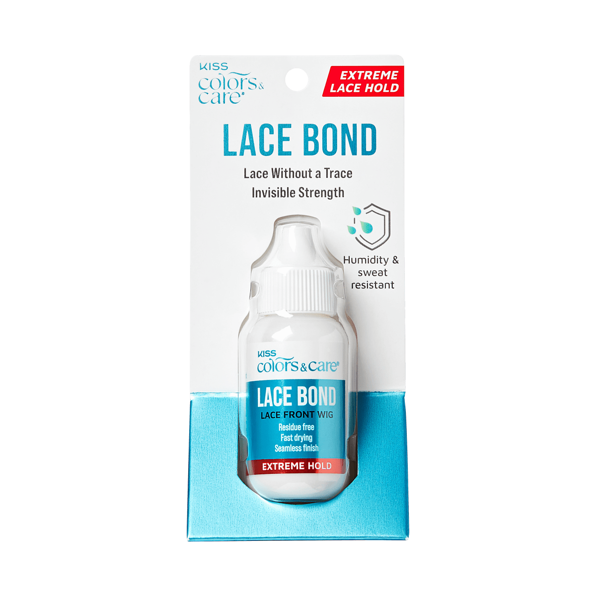 KISS Colors & Care Lace Bond adhesive for lace front wigs in a small white bottle with blue label, claims extreme lace hold, residue free, fast drying, and humidity resistant.