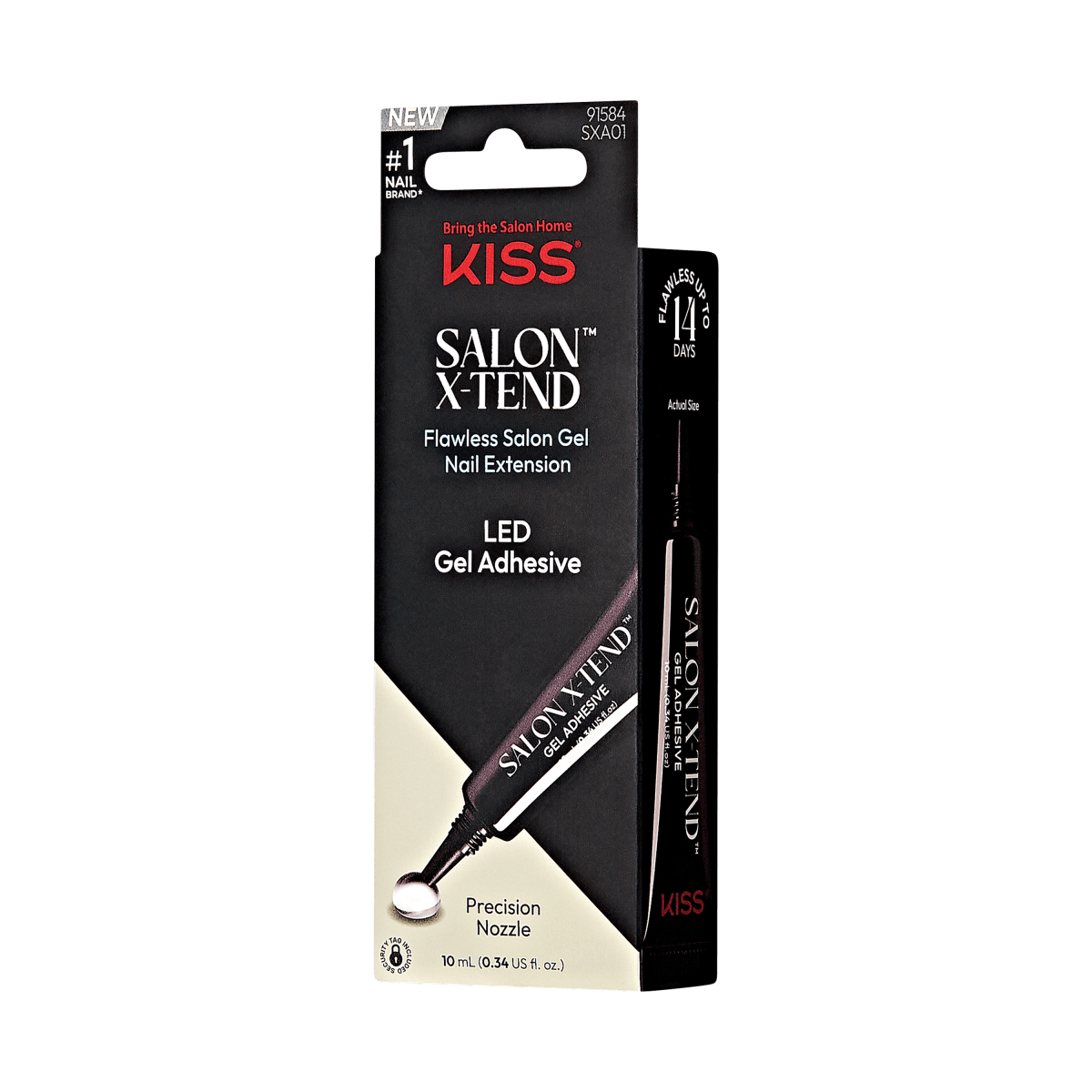 KISS Salon X-Tend LED Gel Adhesive packaging in black and white, featuring a precision nozzle and claim of flawless salon gel nail extension lasting up to 14 days.