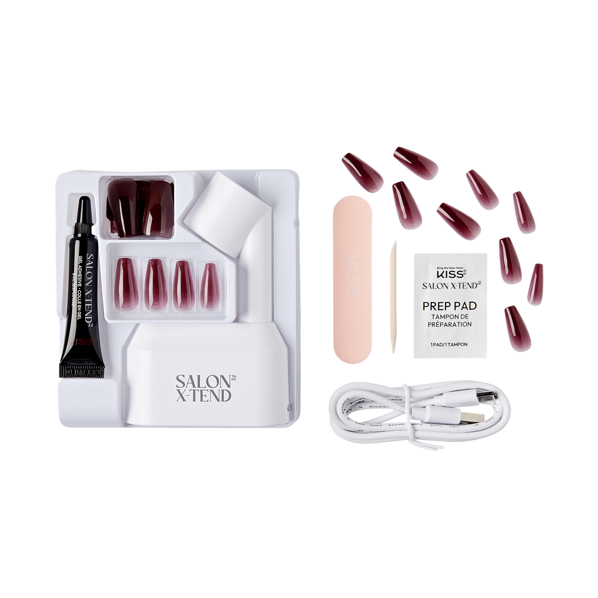 KISS Salon X-tend LED Soft Gel Starter Kit with burgundy ombre press-on nails, gel adhesive, nail file, prep pad, wooden stick, USB charging cable, and organizer tray.