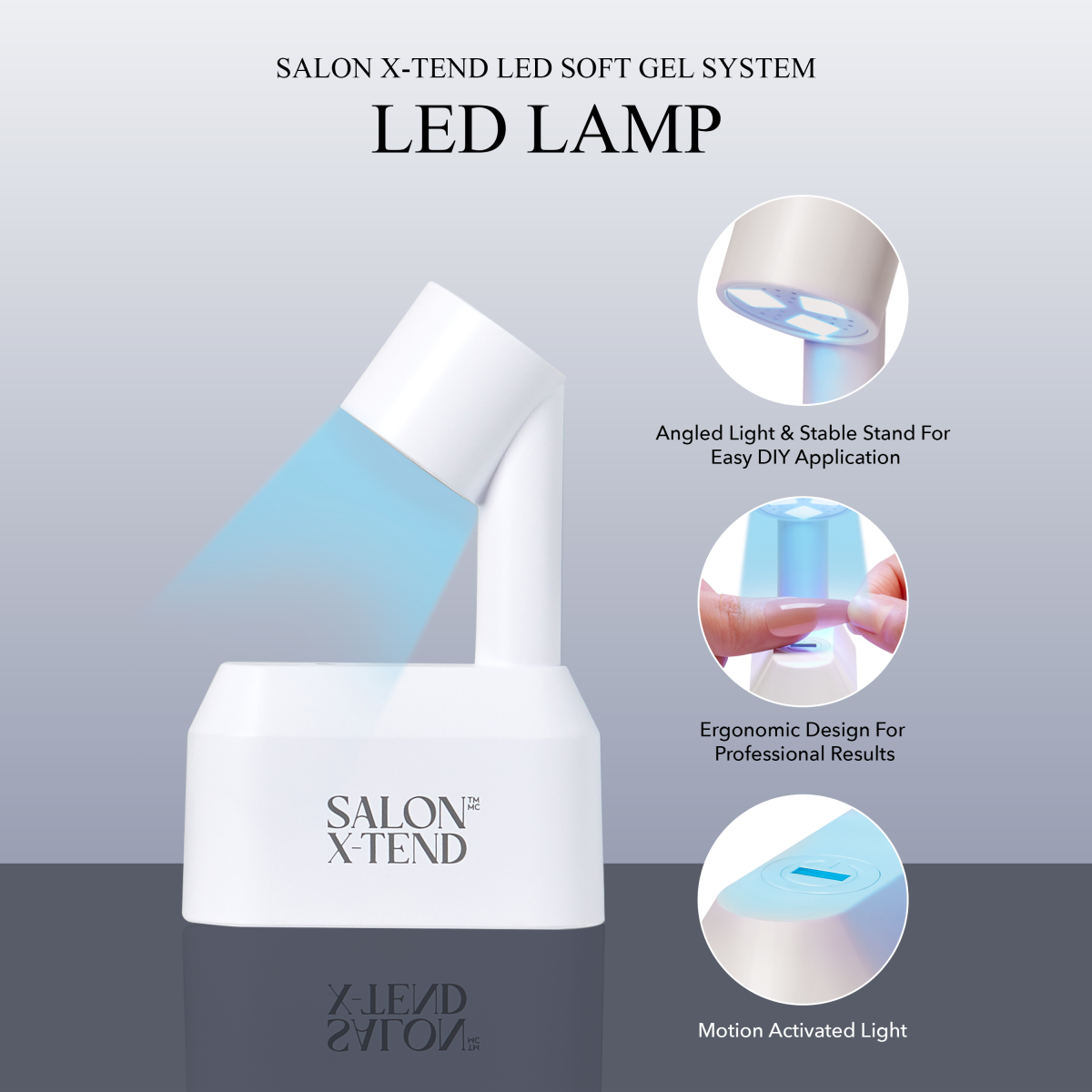 White Salon X-Tend LED Soft Gel System lamp angled with blue light beam, highlighting its ergonomic, motion-activated, and DIY-friendly design.