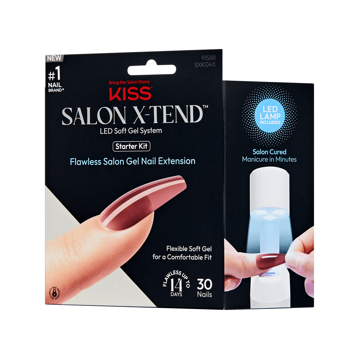 KISS Salon X-tend LED Soft Gel Starter Kit packaging with a long, maroon nail extension, highlighting flexible soft gel, LED lamp included, and salon-cured manicure in minutes.
