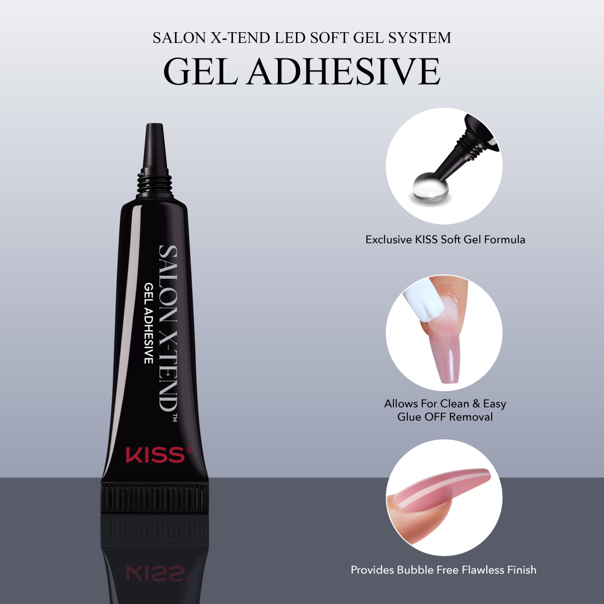 Black tube of KISS Salon X-Tend Gel Adhesive with claims highlighting exclusive soft gel formula, easy glue-off removal, and bubble-free flawless finish shown with close-up images.