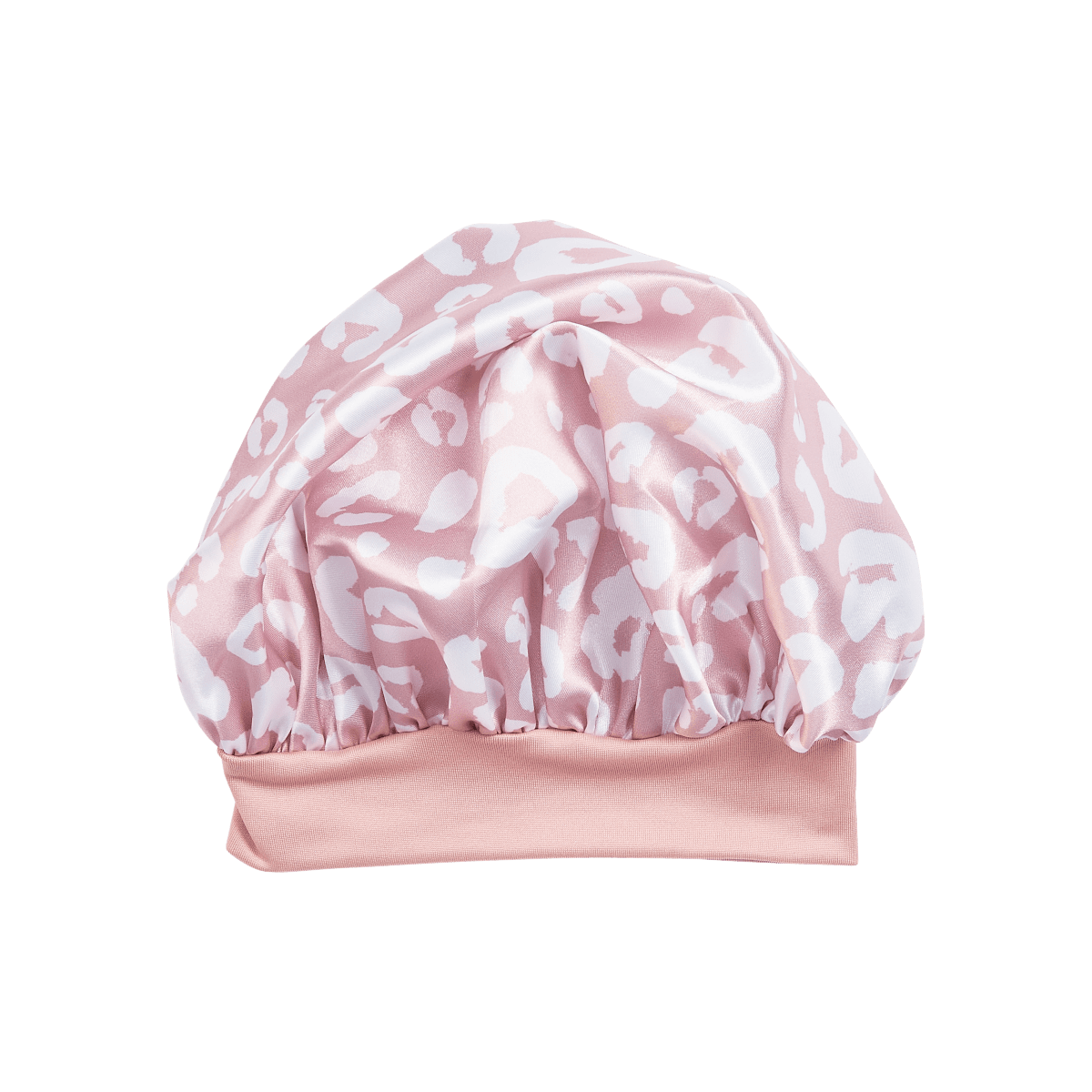 Pink satin baby bonnet with white leopard spots, featuring a gathered elastic base for 0-12 months infants.