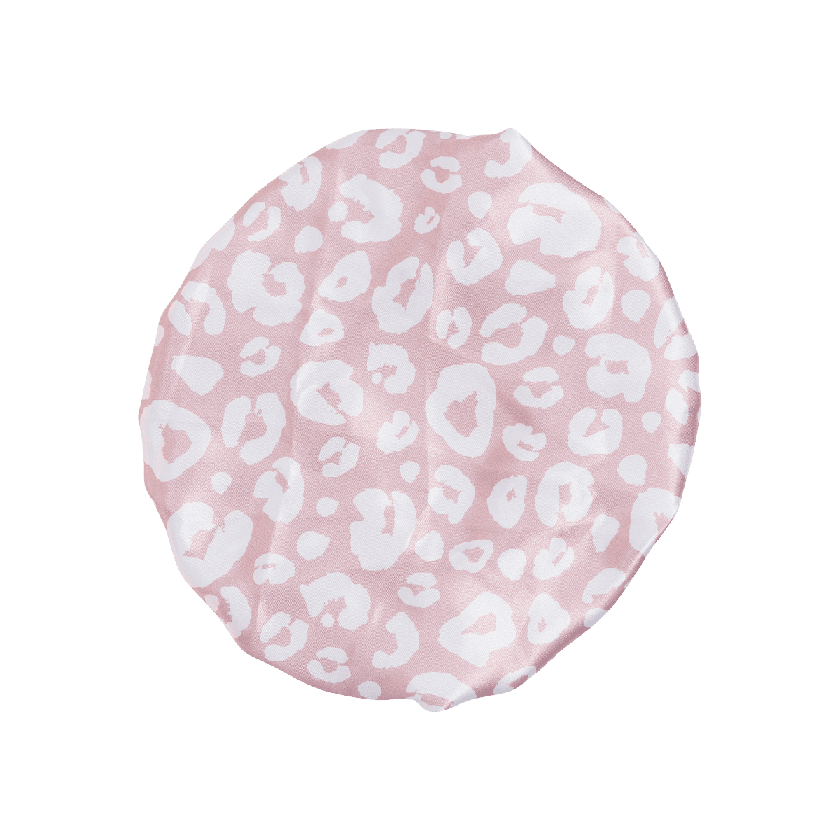 Pink satin baby bonnet with a white leopard print pattern, designed for infants aged 0-12 months, shown in a flat lay view.