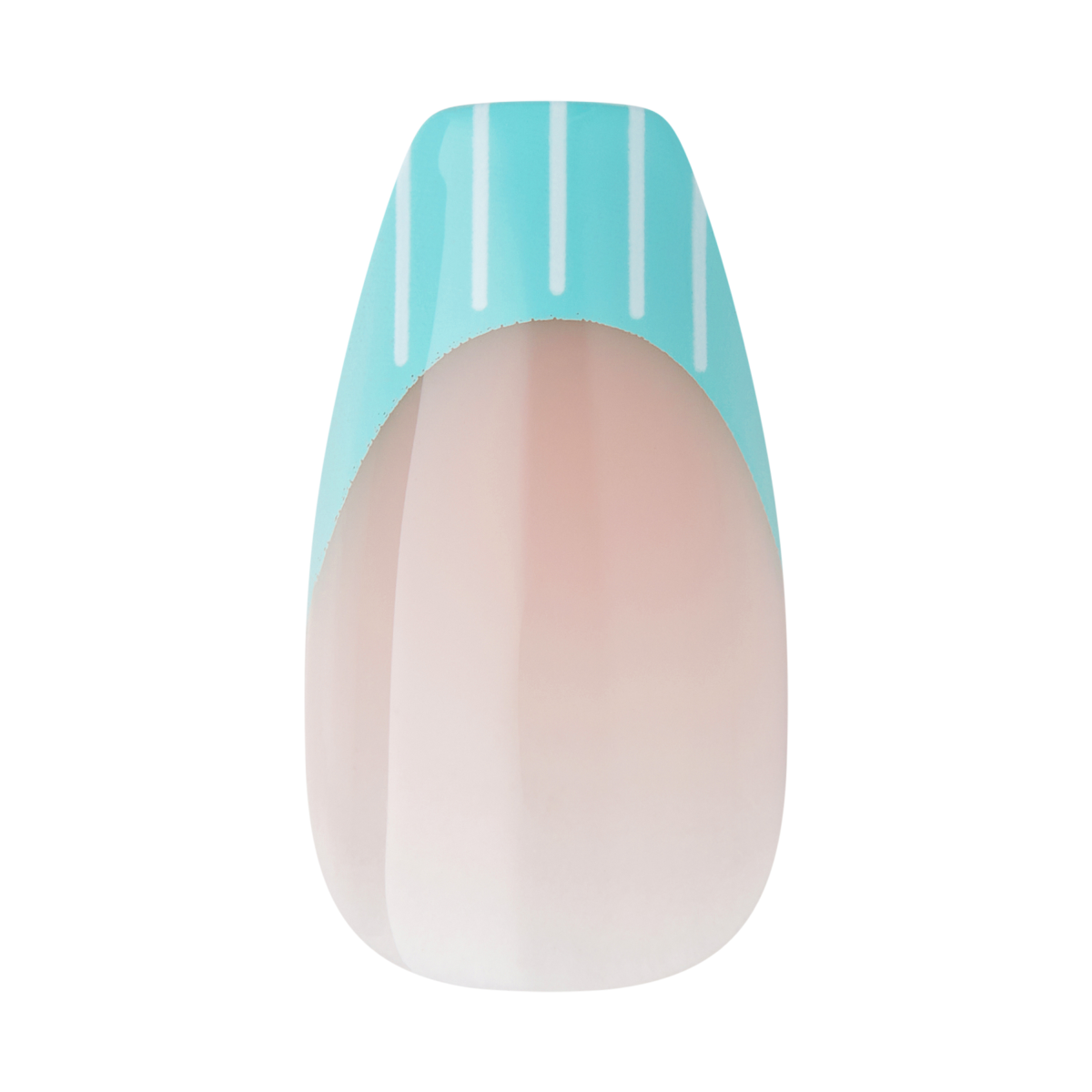 Artificial nail tip with a natural pink base and a glossy light blue French tip featuring thin vertical white stripes.