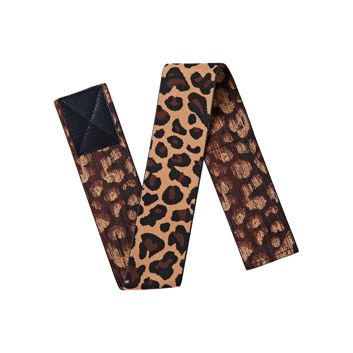 Leopard-print elastic band with a 1 3/4 inch width, featuring a black reinforced stitched end, shown laid flat in an M shape.