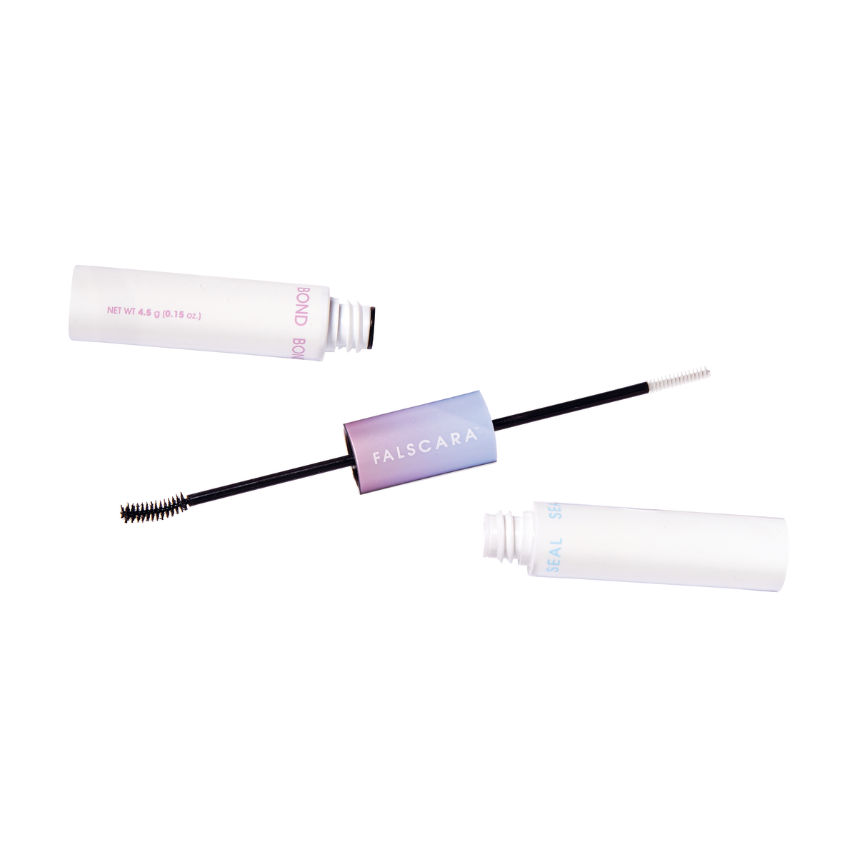 Three white tube containers with brush applicators for FALSCARA Bond & Seal. The center double-ended applicator has one black and one clear brush, with a gradient purple-blue label showing \
