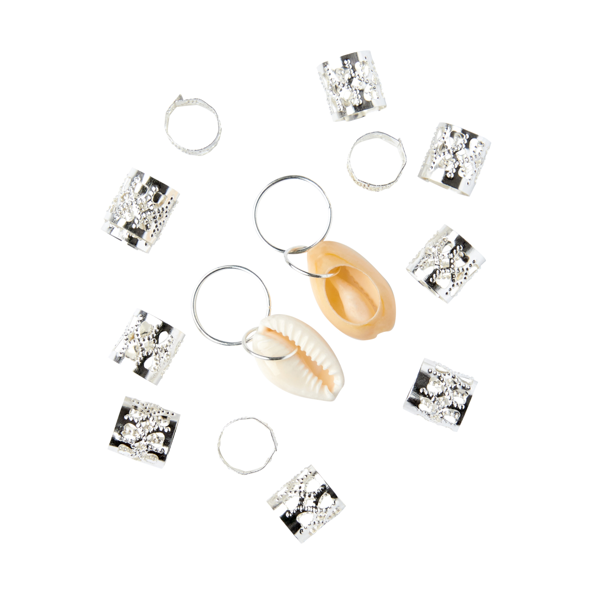 Set of silver braid charms including six textured cylindrical beads, three thin textured rings, and two shell-shaped charms with small hoop attachments, displayed on white background.