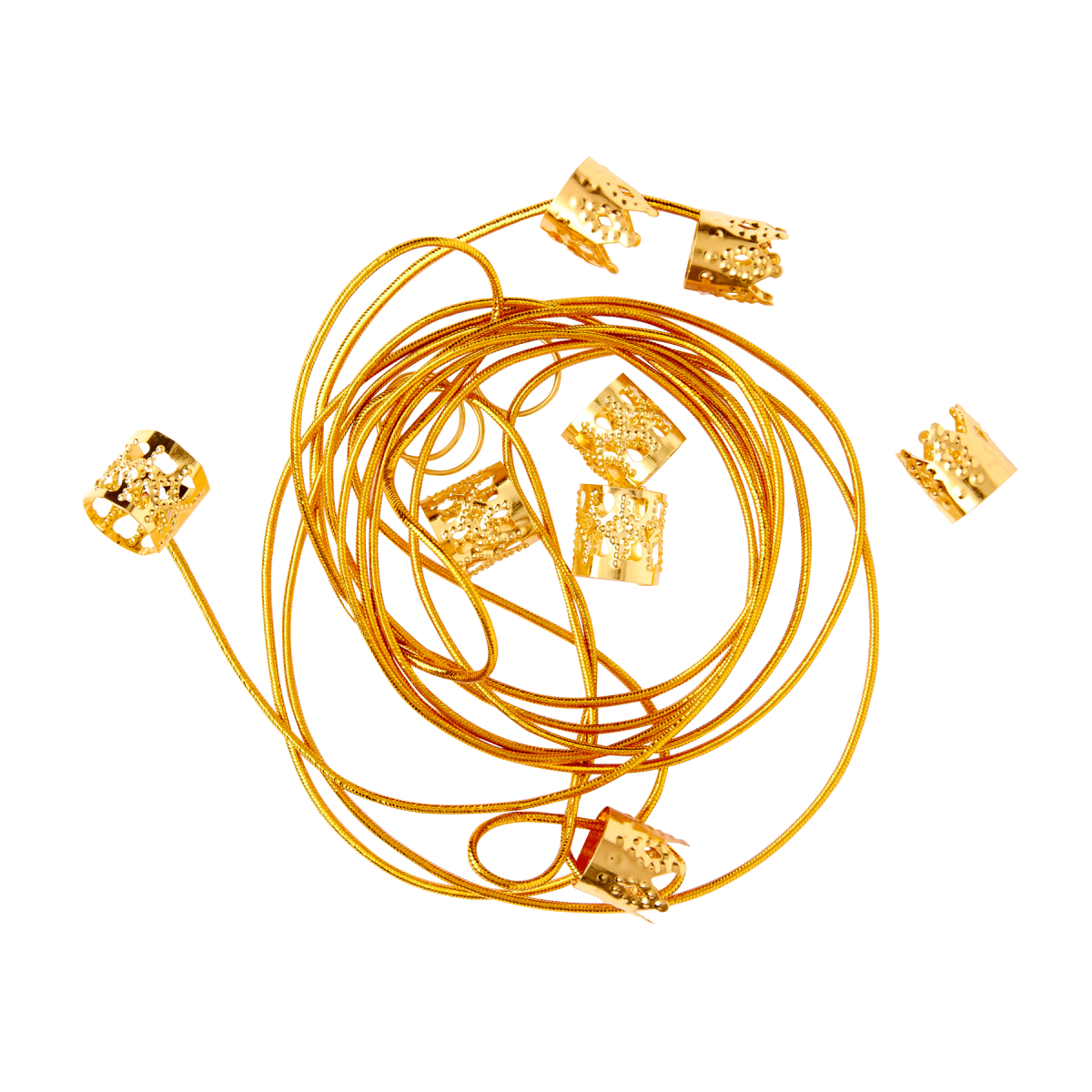 Gold-colored metal braid charms with intricate cutout designs, shown both loose and threaded on multiple thin golden cords, isolated on white.