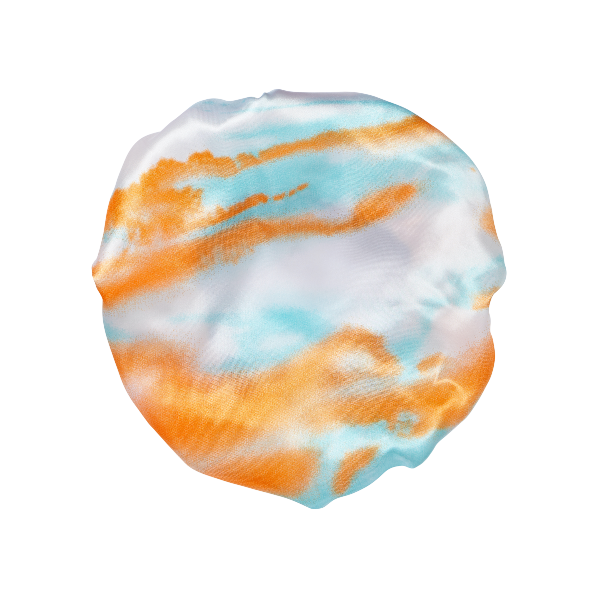 Kids satin bonnet with a wide band in a round shape, featuring a tie-dye pattern of orange and blue on a white background.