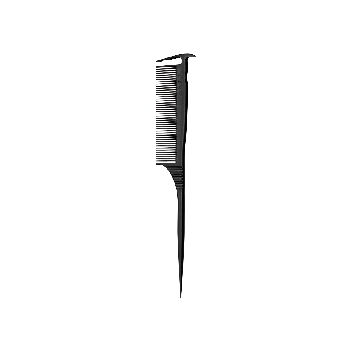 Black carbon fiber rat tail parting comb with fine teeth and a hooked axe-shaped end, showing a textured grip area and the brand name \