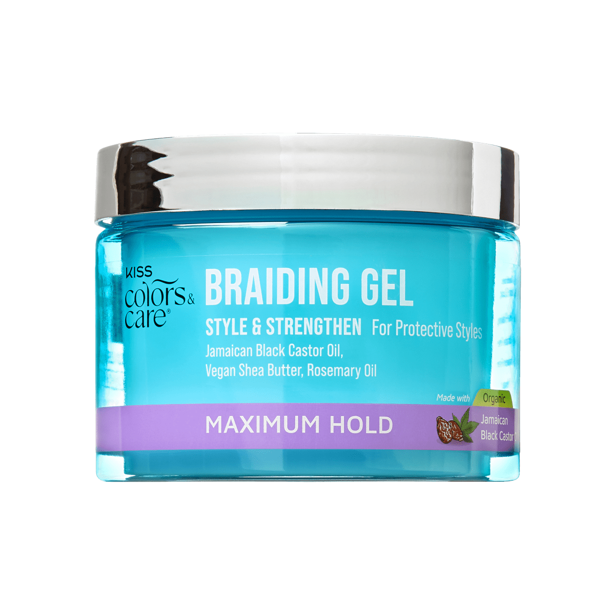 Blue jar of KISS Colors & Care Braiding Gel with silver lid, labeled for styling and strengthening protective styles with Jamaican Black Castor Oil, vegan shea butter, and rosemary oil, offering maximum hold.