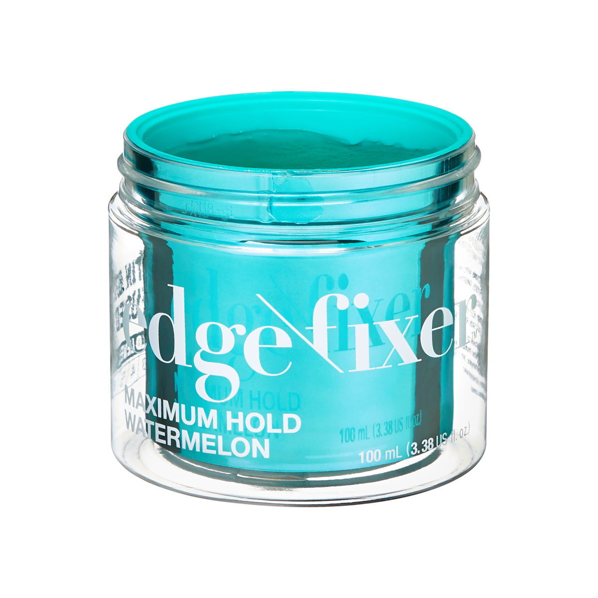 Clear round jar with turquoise edge fixer gel inside, labeled \