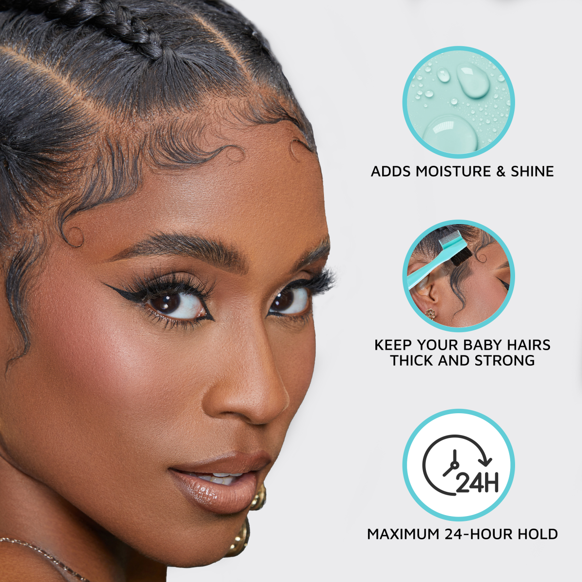 Close-up of a woman with styled edges, showing smooth baby hairs. Text highlights: \