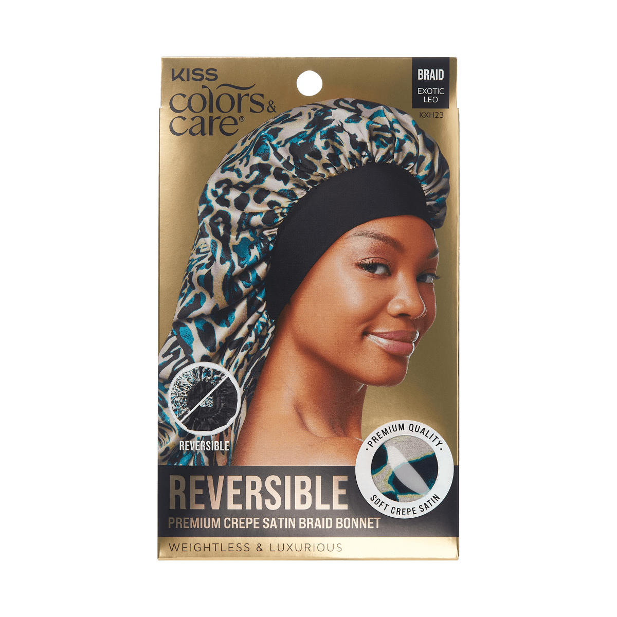 Gold packaging showing a smiling woman wearing a reversible crepe satin braid bonnet with an exotic leopard print. Text highlights \