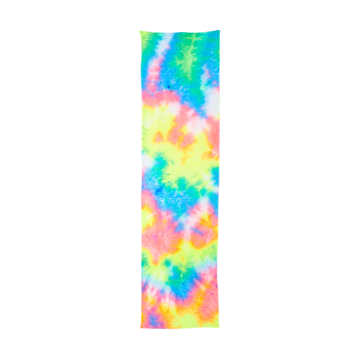 Long rectangular satin scarf with a soft texture in a vibrant tie-dye pattern of green, blue, pink, yellow, and orange hues.