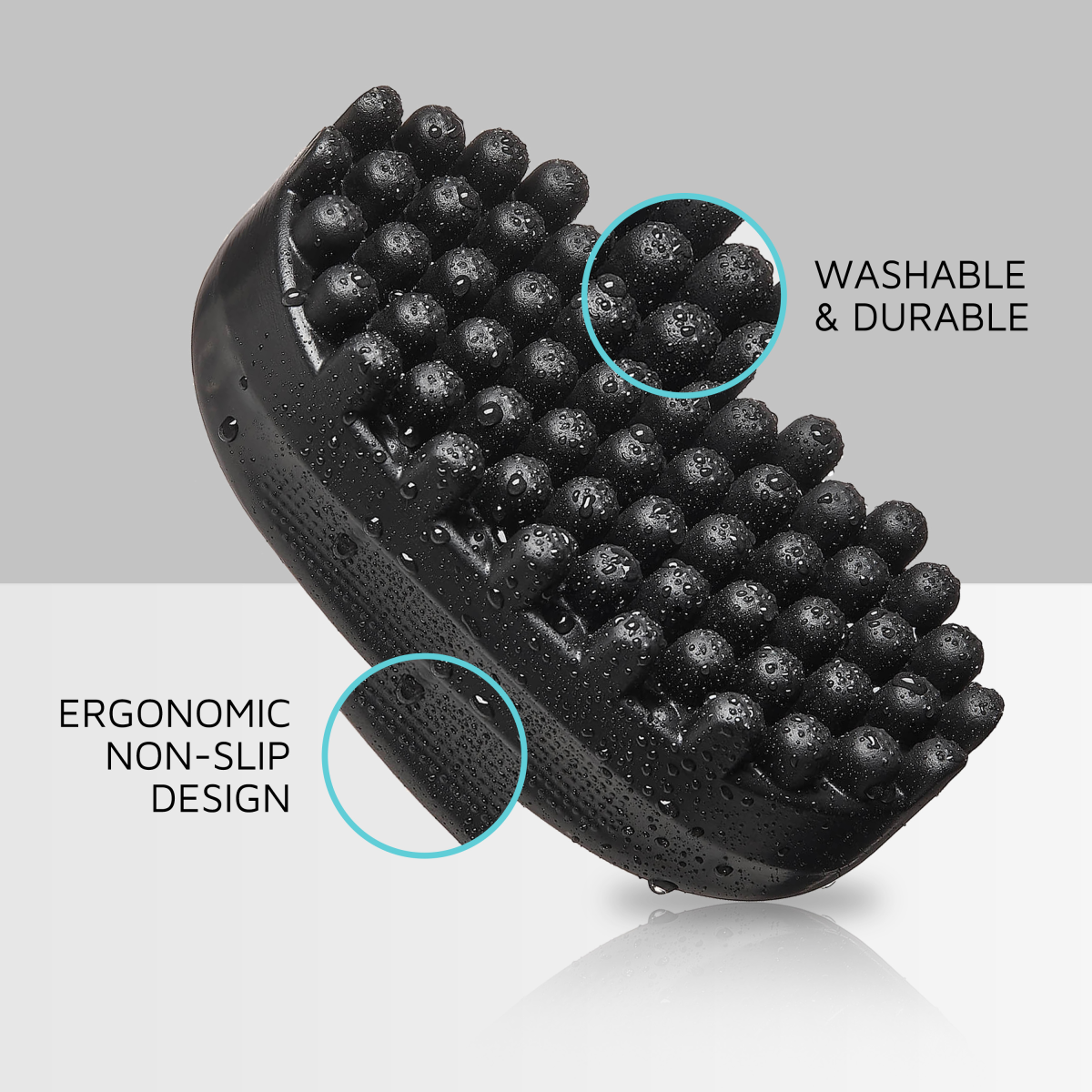Black handheld scalp brush with rounded soft bristles covered in water droplets, highlighting washable durability and ergonomic non-slip design.