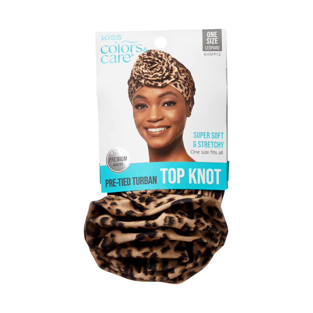 KISS Colors & Care leopard print pre-tied turban top knot packaging, featuring a smiling model wearing the headwrap, labeled super soft, stretchy, one size fits all.