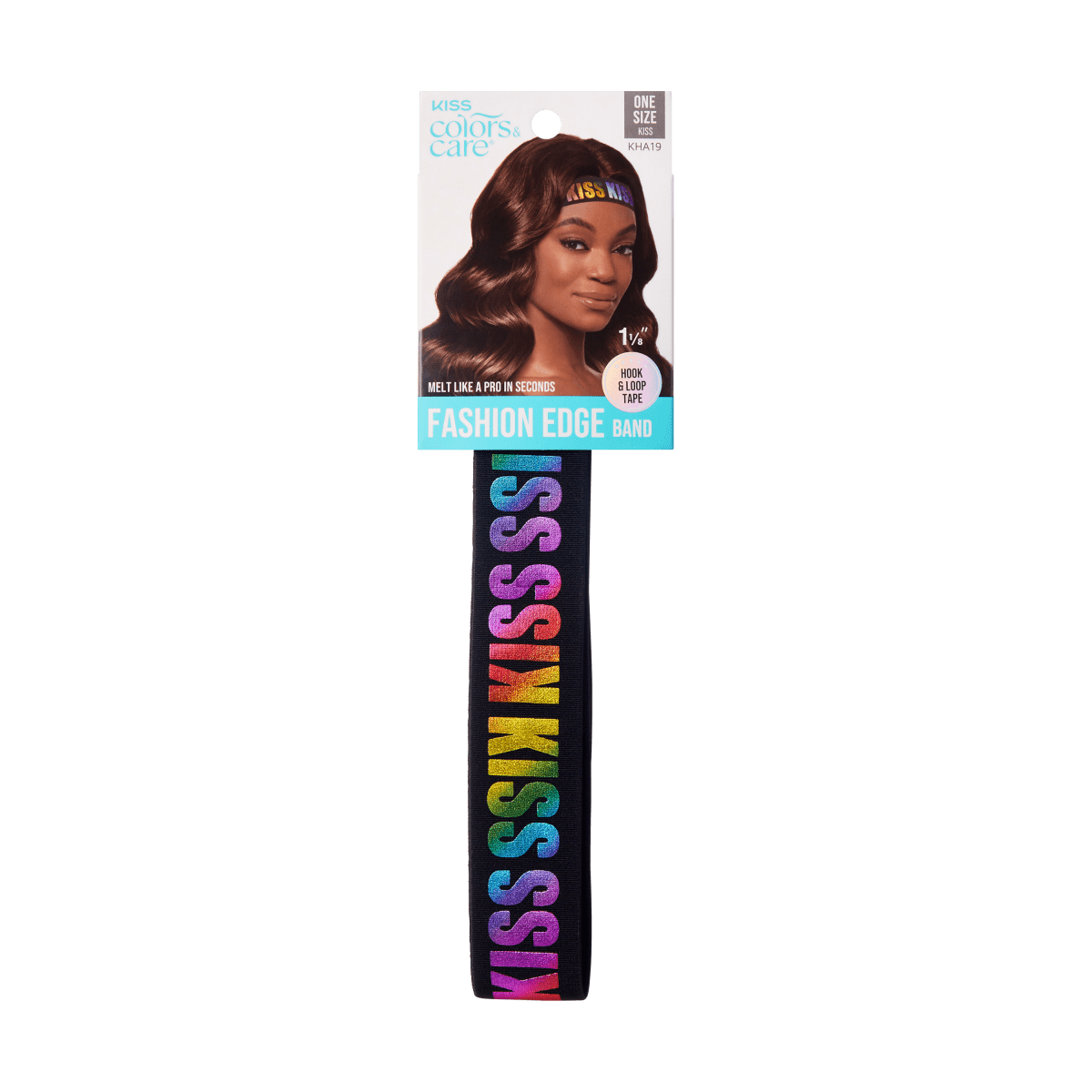 KISS Colors & Care Perfect Melt Elastic Band packaging with a model wearing a rainbow-gradient \