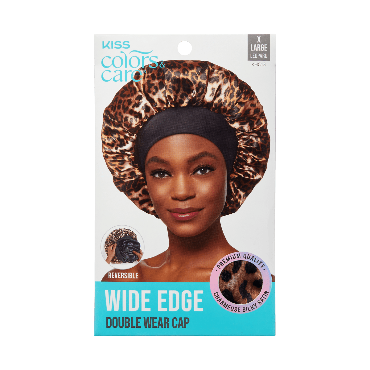 Packaging featuring a woman wearing a wide-edge leopard print satin hair cap with black inner lining; text highlights reversible design and premium charmeuse silky satin.
