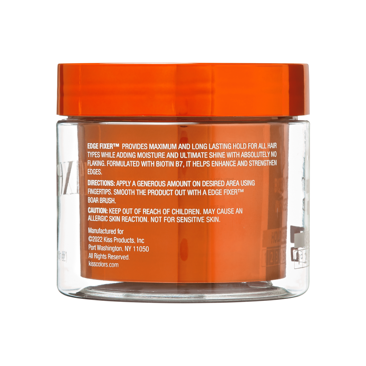Clear plastic jar with an orange lid and orange label visible through it, containing KISS Colors & Care Edge Fixer. Text highlights maximum hold, moisture, shine, and biotin B7 for strengthening edges.