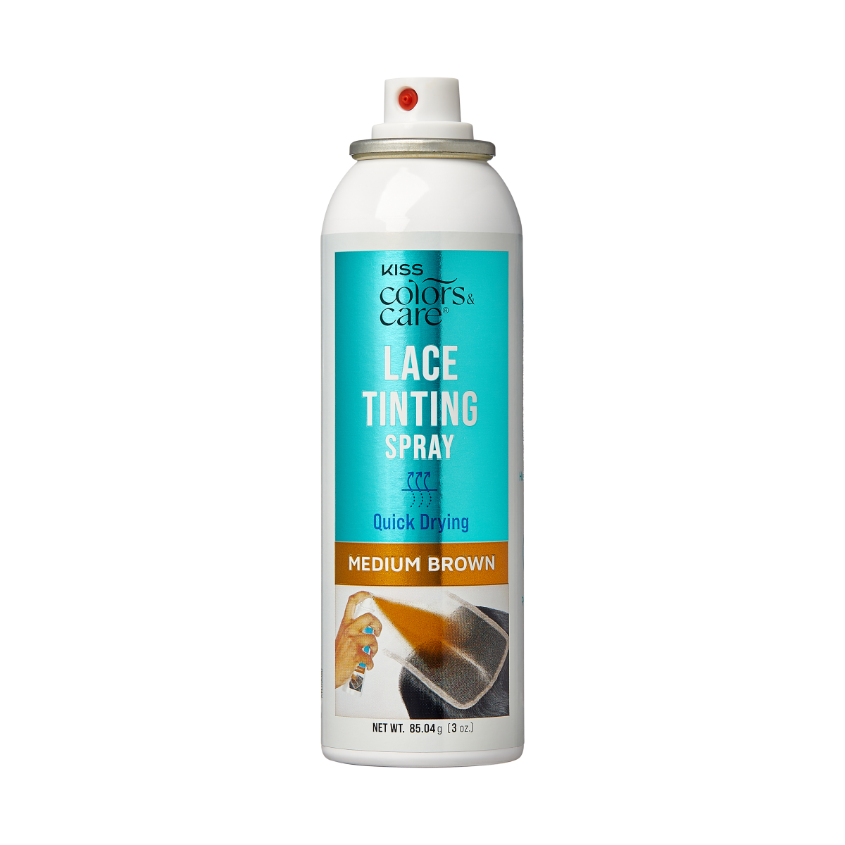 White spray can with a turquoise label reading \