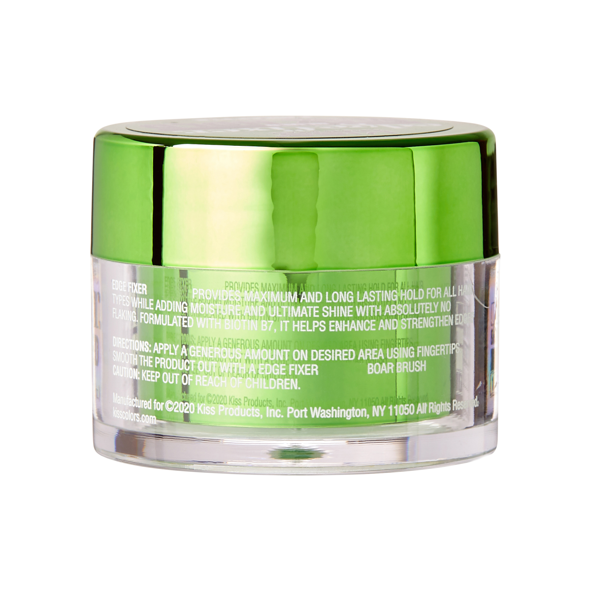 Clear round jar with a shiny green lid containing KISS Colors & Care Edge Fixer. Text highlights maximum long-lasting hold and added moisture with biotin B7.