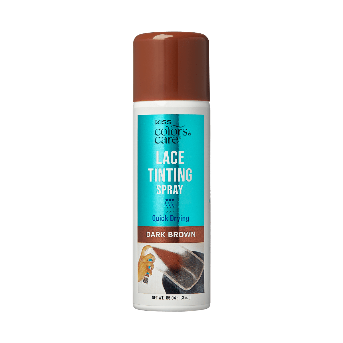 White spray can with a brown cap labeled KISS Colors & Care Lace Tinting Spray in Dark Brown, featuring quick drying claim and illustration of hand spraying lace.