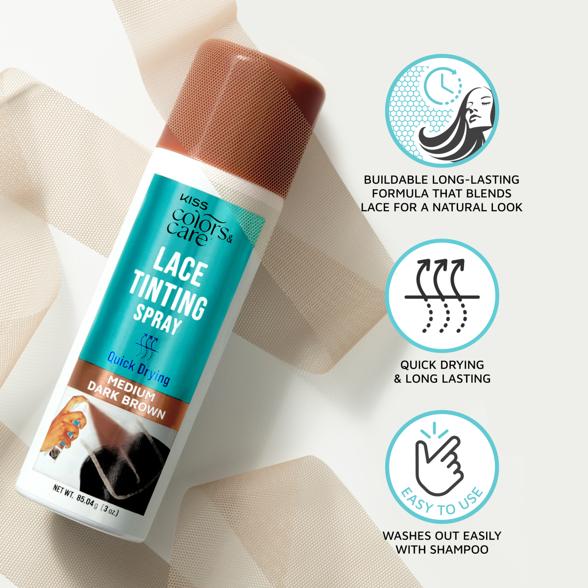 KISS Colors & Care Lace Tinting Spray bottle in medium dark brown with a brown cap, placed on light lace fabric. Text highlights quick drying, buildable long-lasting formula for natural lace blend, and easy washout with shampoo.