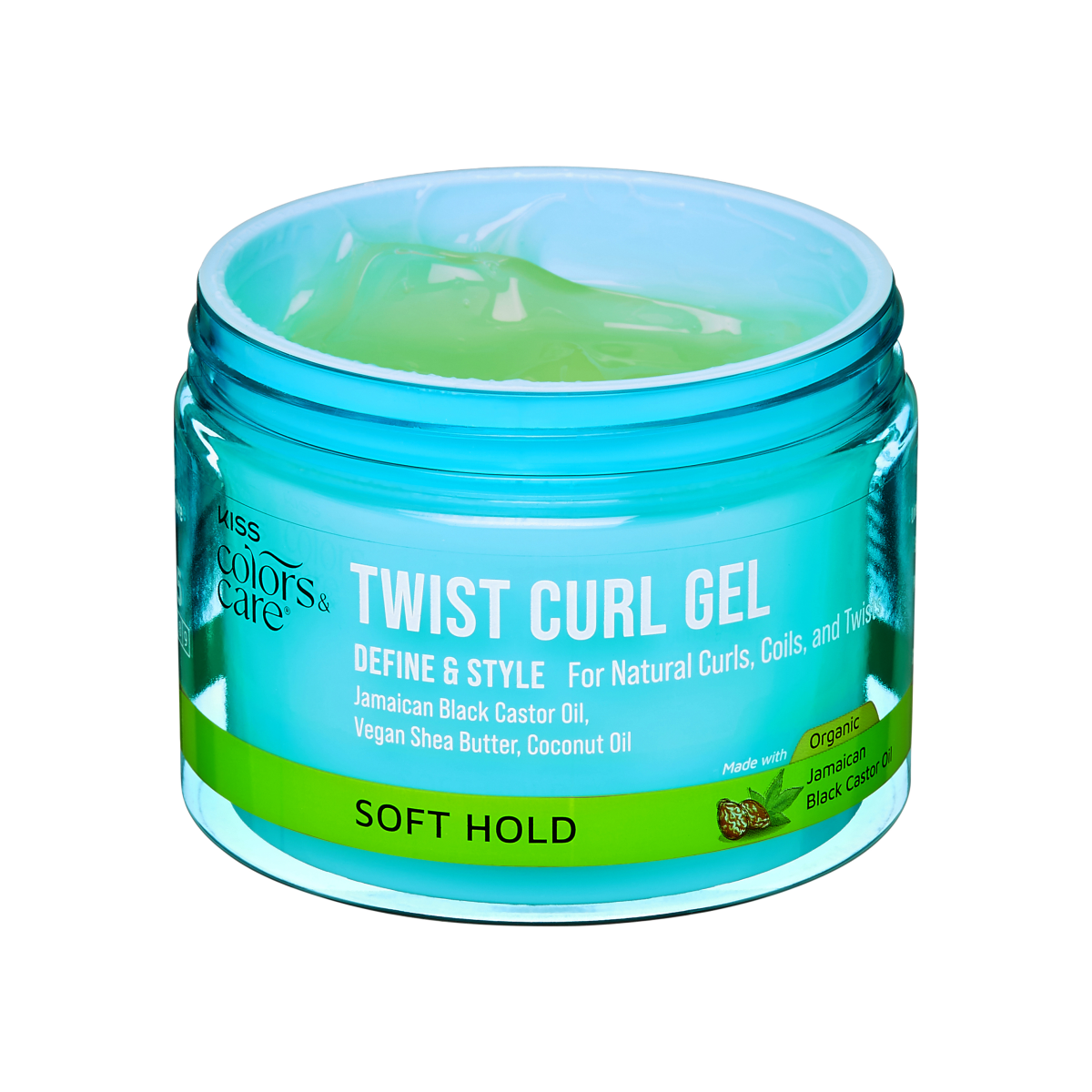 KISS Colors & Care Twist Curl Gel in a blue-green jar with a green label, showing translucent light green gel inside, for natural curls with soft hold.