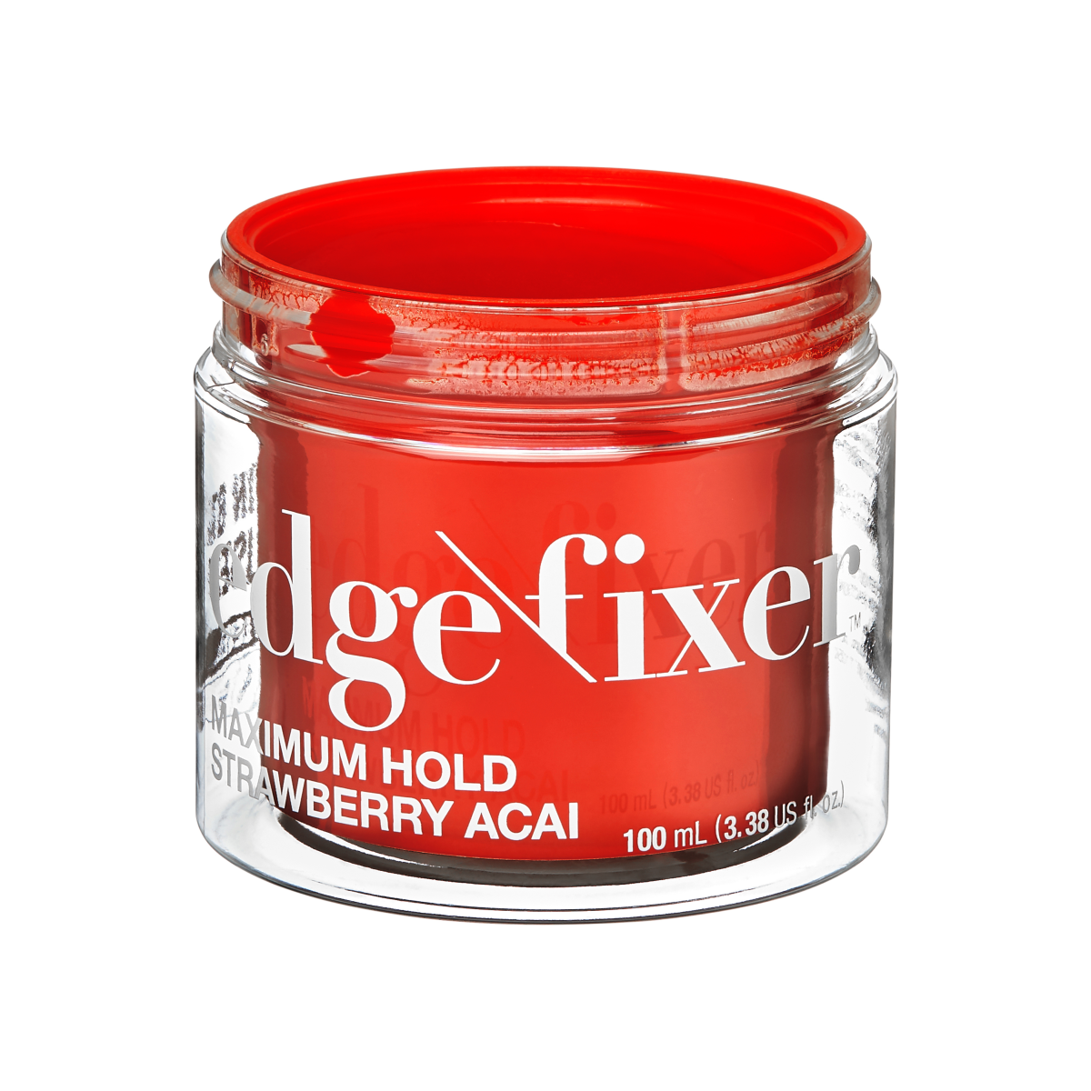 Clear round jar with bright red edge fixer gel inside, labeled \
