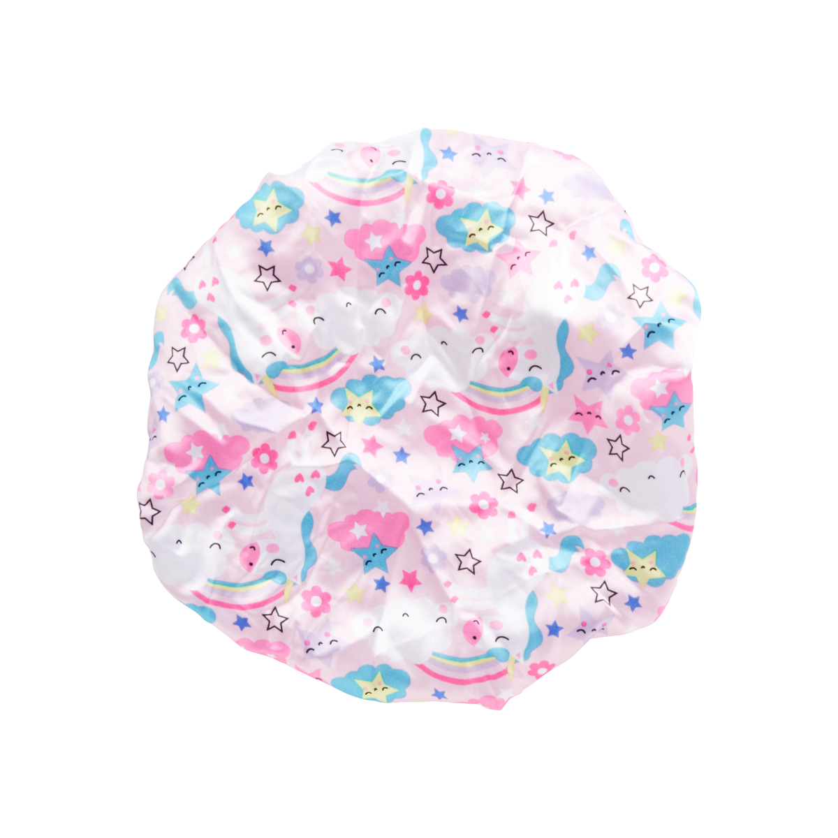 Toddler-sized silky satin bonnet with a pastel pink background, decorated with smiling clouds, stars, rainbows, and flowers in soft blue, yellow, and purple tones.
